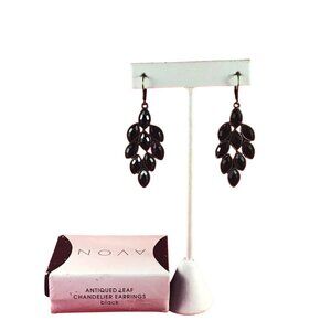 Avon Antiqued Black Rhinestone Leaf Chandelier Pierced Earrings (1605)